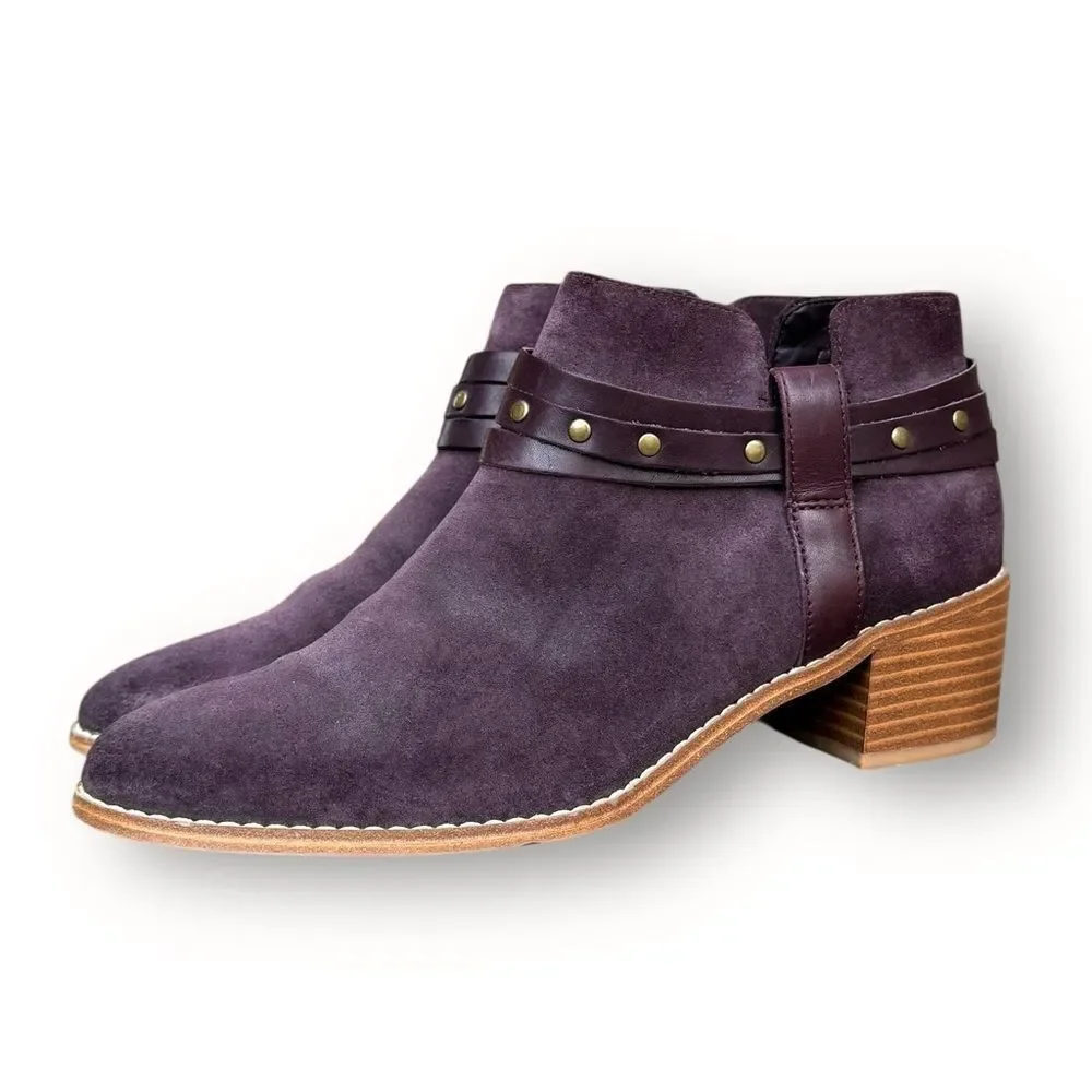 Clarks Women's Burgundy Western Harness Suede Ankle Boots Size 7.5 Studded Strap